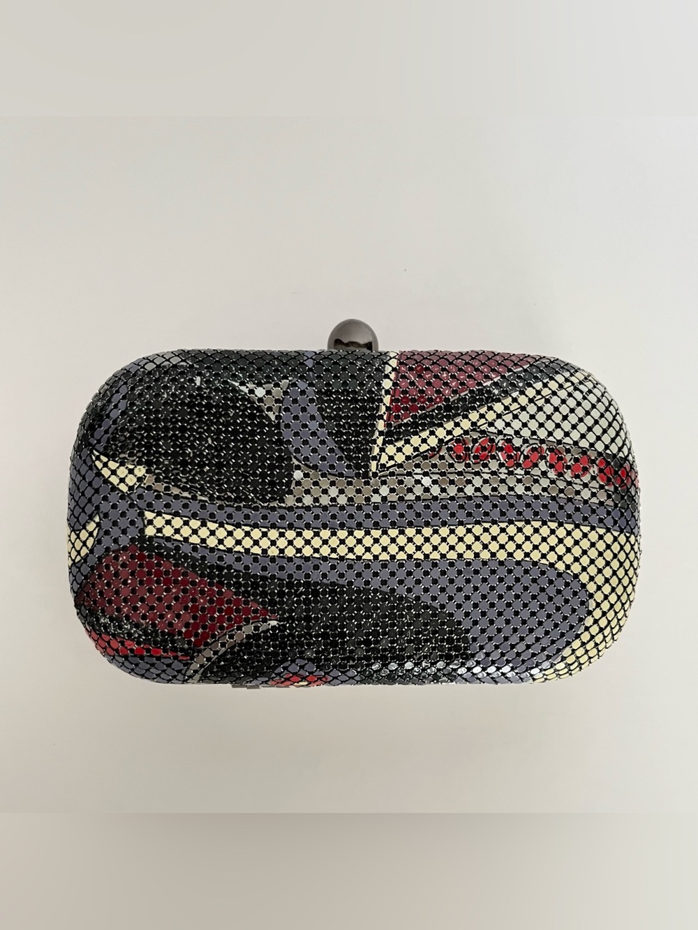Vintage JNB Evening Bag Clutch Minaudière Metal Mesh Geometric Red Purple Mod